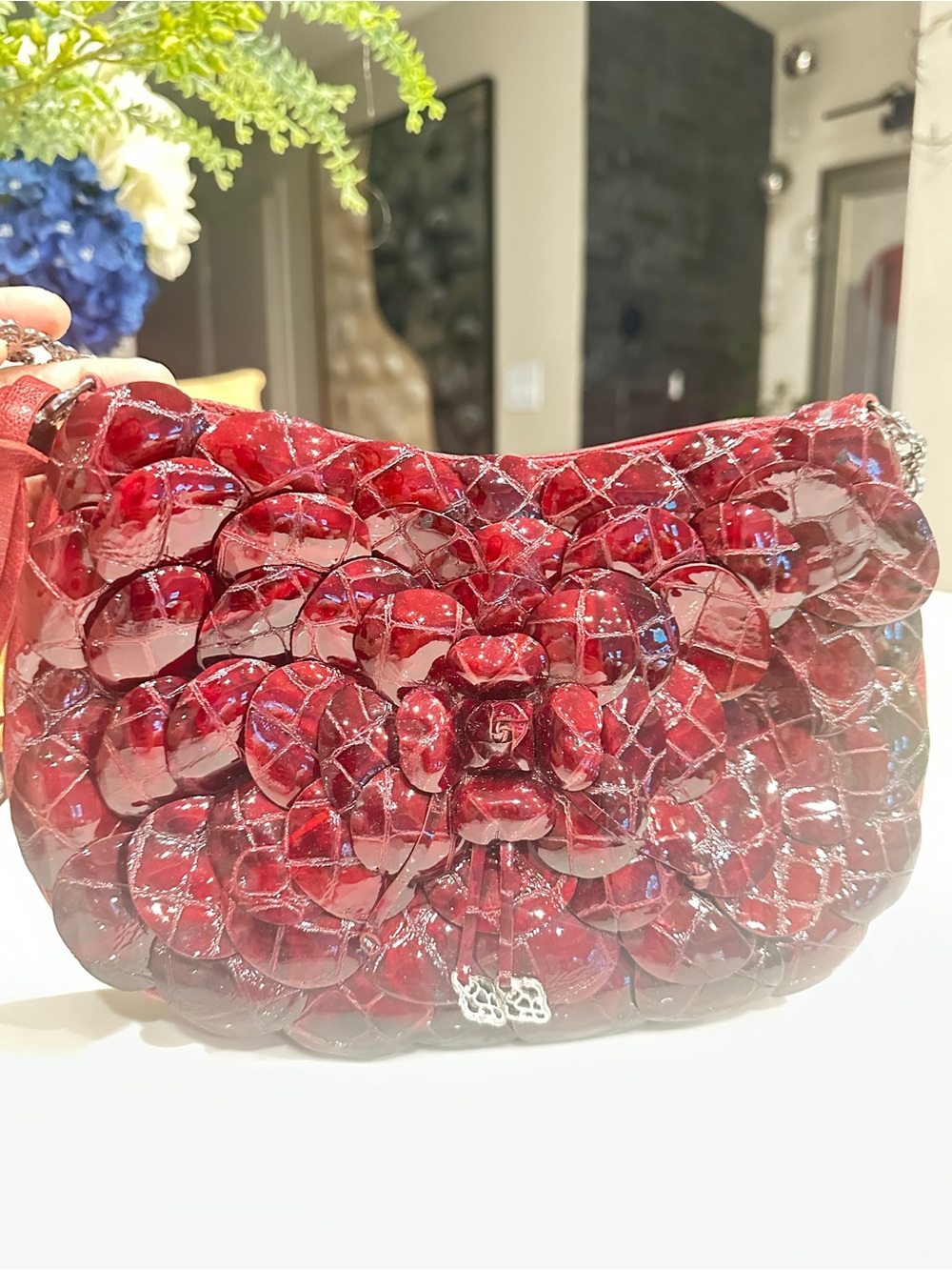 Red Floral Patent Leather Shoulder Bag